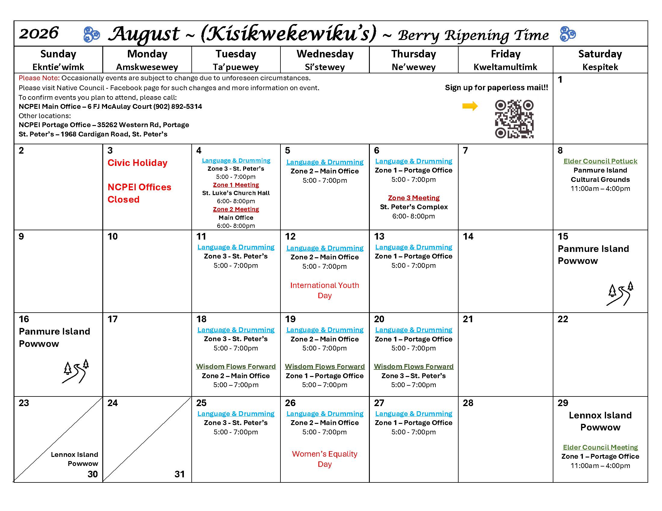 Kisikwekewiku's (August) Calendar of Events