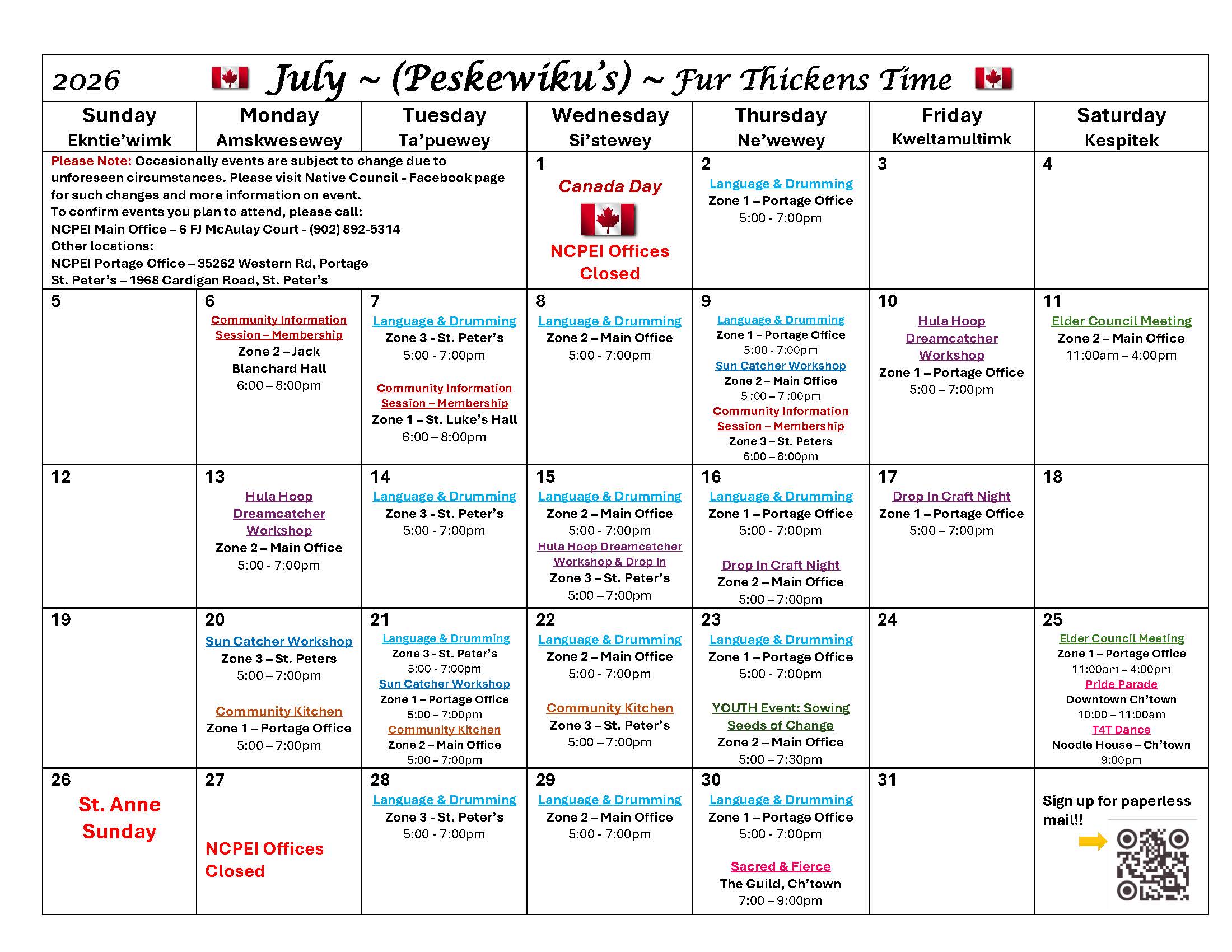 Peskewiku's (July) Calendar of Events